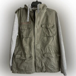 21 Men Knit Sleeve Cargo Jacket Green/Grey, Zipper and Snap Up, Hood, Pockets L